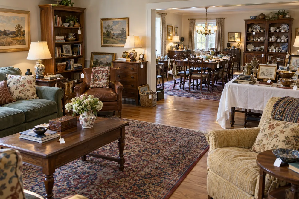 Illustration of furniture, tableware, art and household belongings arranged for sale across living and dining rooms.