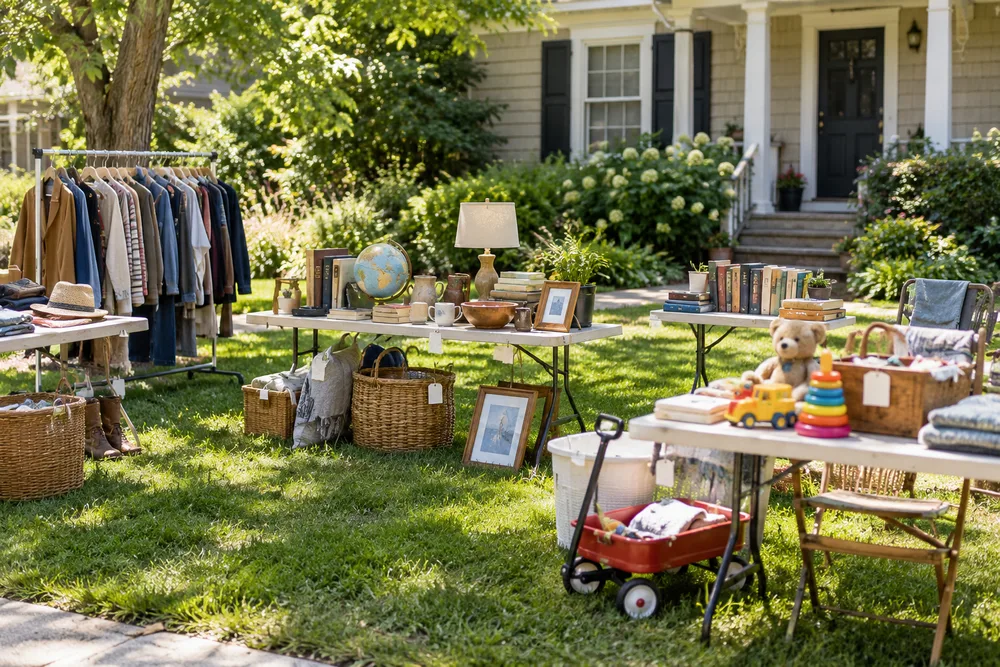 Illustration of clothing, books, toys and household goods displayed on tables on a front lawn.